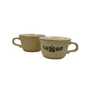 Pflatzgraff Coffee Mugs (2) Village Pattern Tan & Brown Stoneware Cups USA (6-1)
